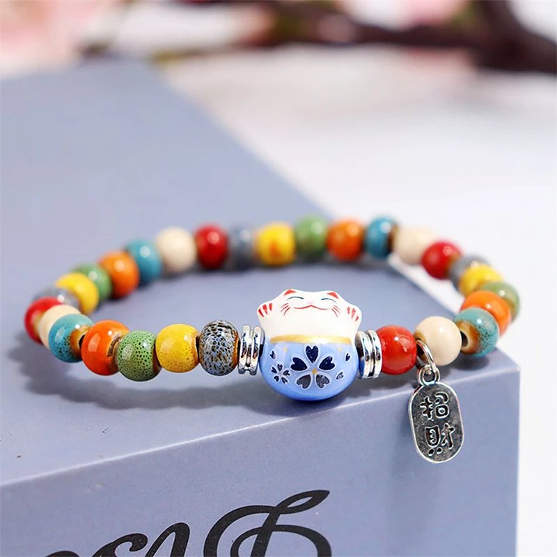 Cute Lucky Cat Bracelet For Women Girls Adjustable Colorful Beaded Bracelets Chinese Style Ceramics Cat Pendant Bracelet Jewelry 3