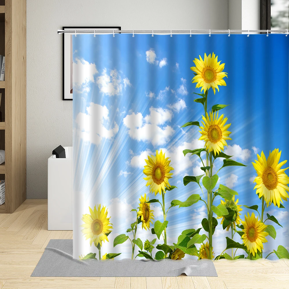 

Summer Sunflower Flowers Shower Curtain Beautiful Bloom Natural Landscape Bathroom Home Decorative Cloth With Hook Waterproof
