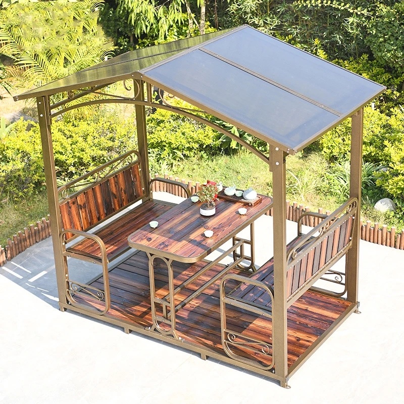 

Carbonized Wood Pavilion Outdoor Villa Courtyard Solid Four Corner Pergola Roof Garden Small House Iron