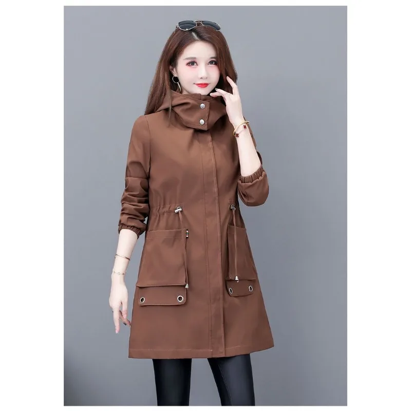2023 New Spring Autumn Women Windbreaker Mid Length Slim Fit Hooded Casual Large Student Coat Waist Warming Overcoat
