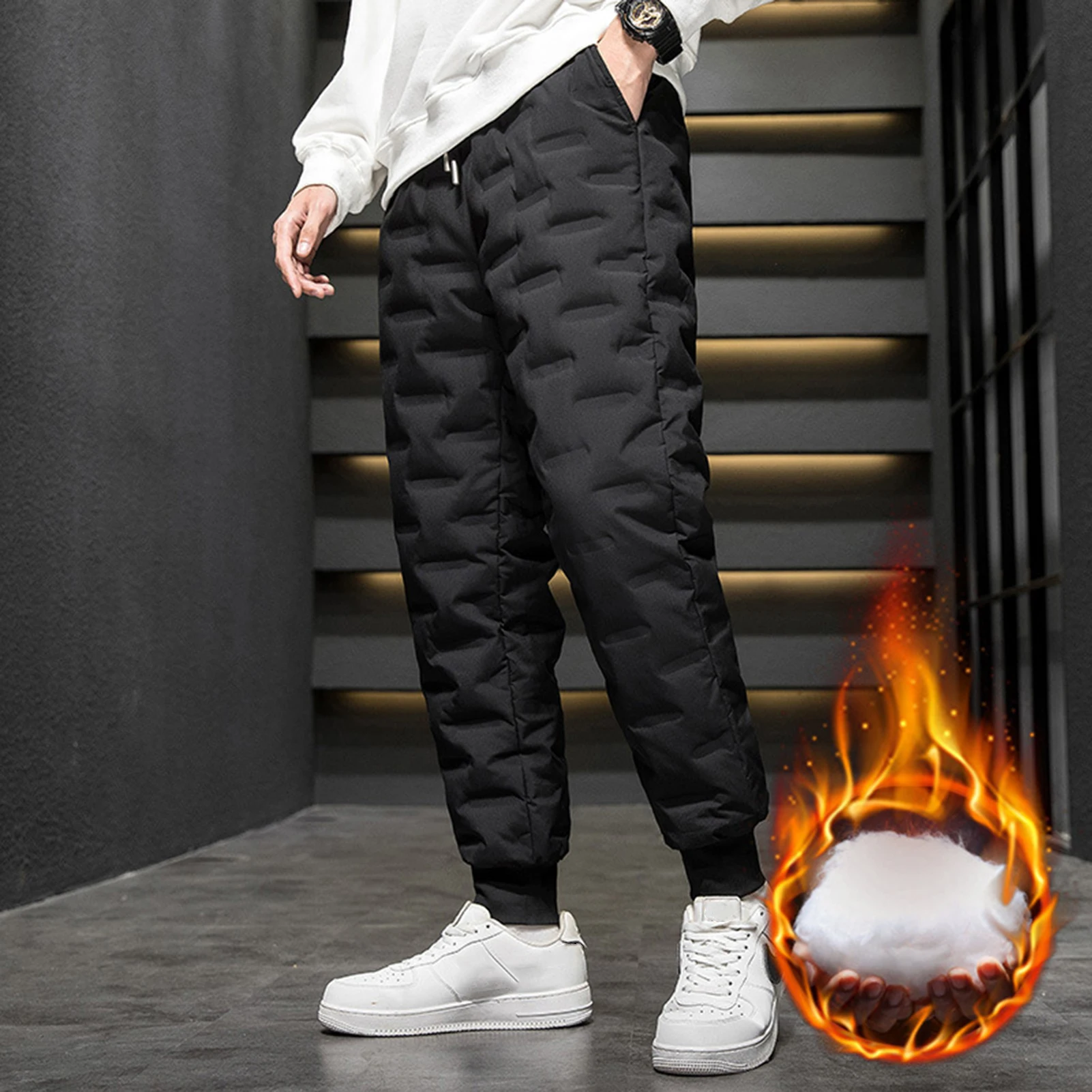 Mens Winter Pants Relaxed Fit Thicken Cotton Padded Windproof Snow Pants Daily Shopping Wear
