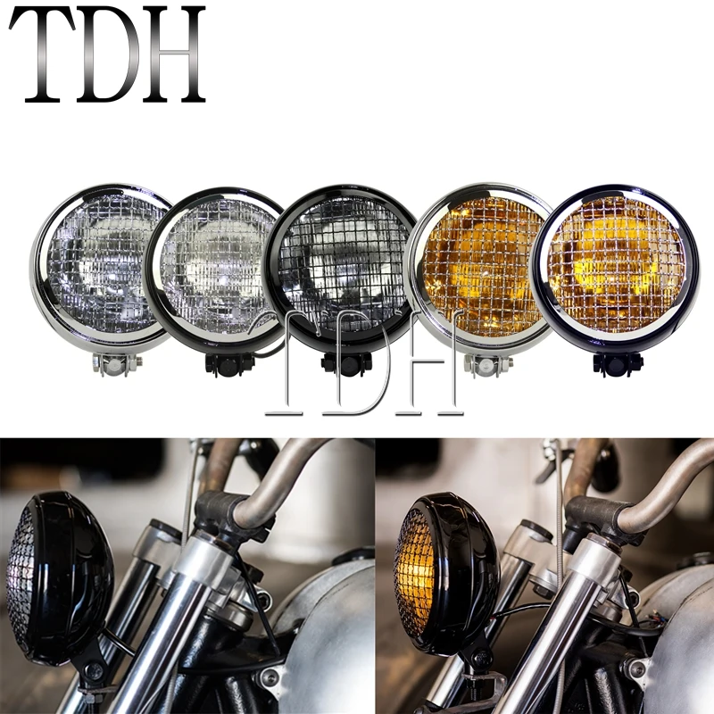 Moto Retro Grill Guard Lampada Faro Ambra/Vetro Trasparente Per Harley Chopper Bobber Cafe Race Scrambler Custom Black Chrome