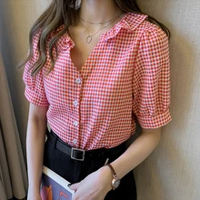 

New Shirts Women Plaid Blouses 2022 Summer Short Sleeve Ruffled Collar Tops Casual Clothing Female Blusas Loose 4XL Plus Size