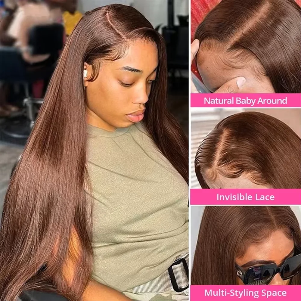 220 Dichte Glatte Schokoladenbraune 13x4 Lace Front Perücke aus Echthaar, Vorgezupft, Honigbraun 13x6 HD Transparente Lace Frontal Perücken – Detail 3