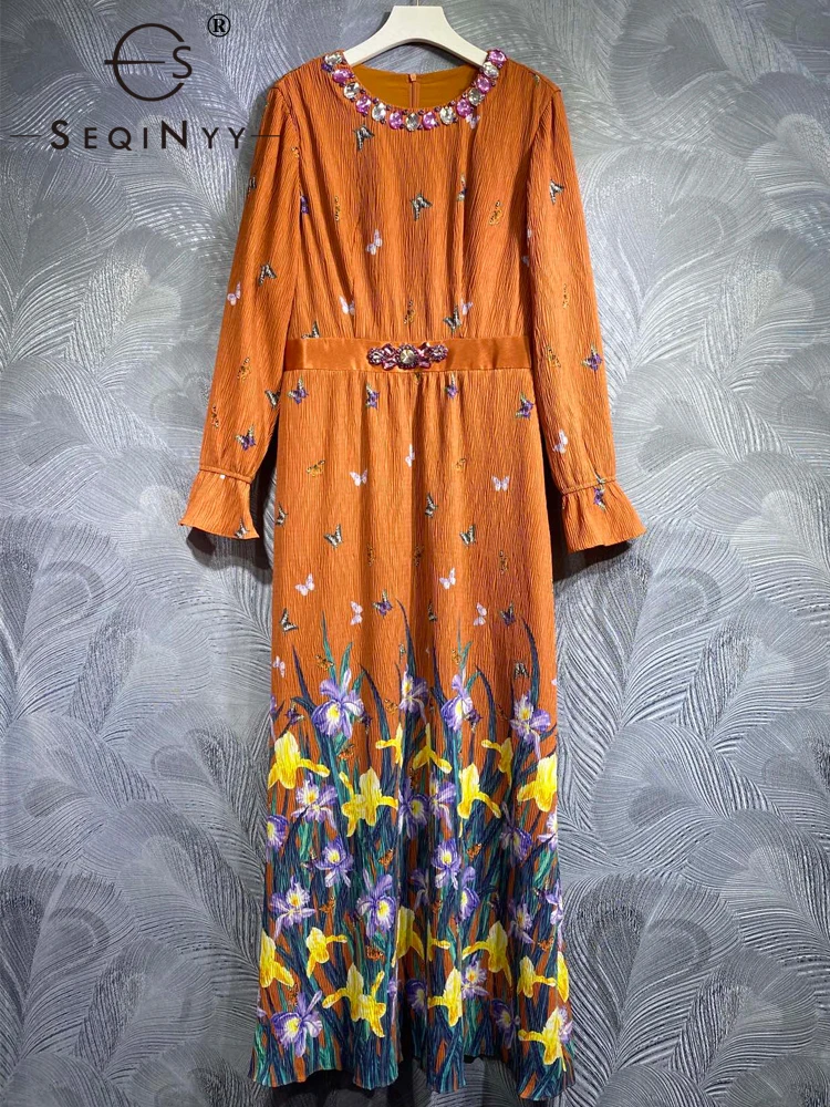 

SEQINYY Orange Midi Dress Spring Autumn New Fashion Design Women Runway Vintage Flower Print Beading Casual High Street