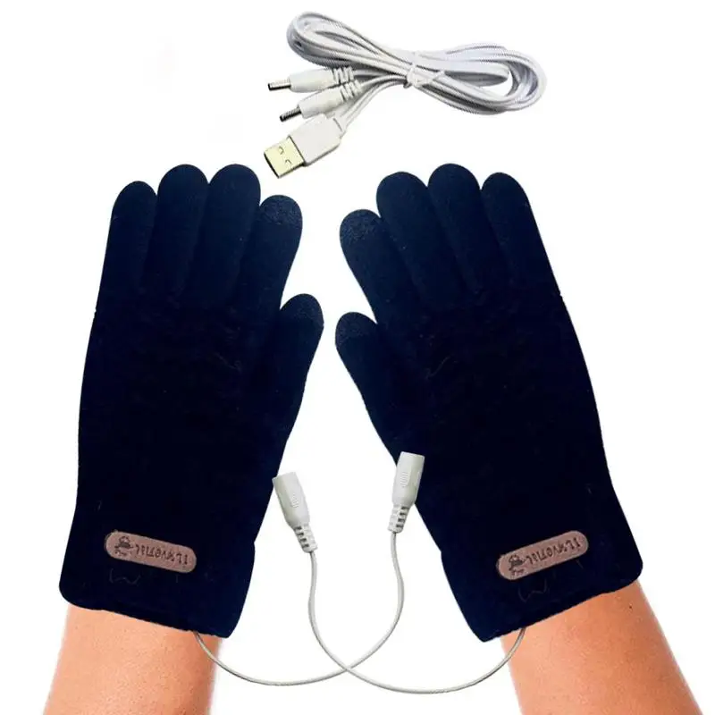 Pair Heated Knitting Full Finger Mittens Windproof USB Electric