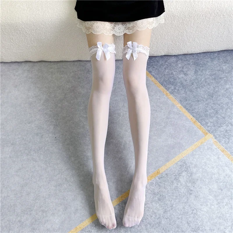 Weiße Seidenschleifenstrümpfe Damen Japanische JK Overknee-Strümpfe Sexy Spitze High Oberschenkel Netzsocken Lange Lolita-Socken – Detail 5
