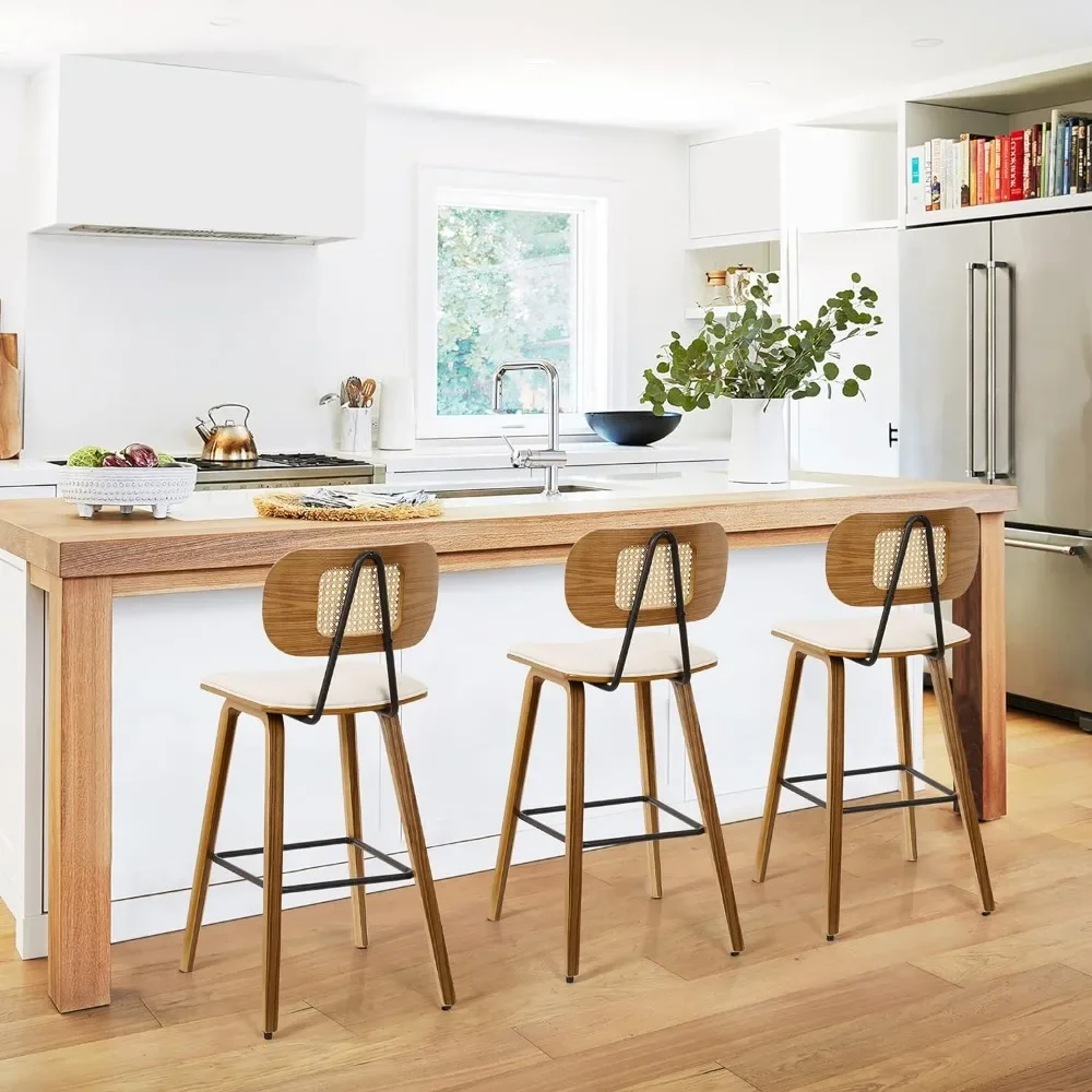 Counter Height Bar Stools Set of 3, 26" Wood Kitchen Stool PU Leather Upholstered Barstool with Rattan Back Cream White