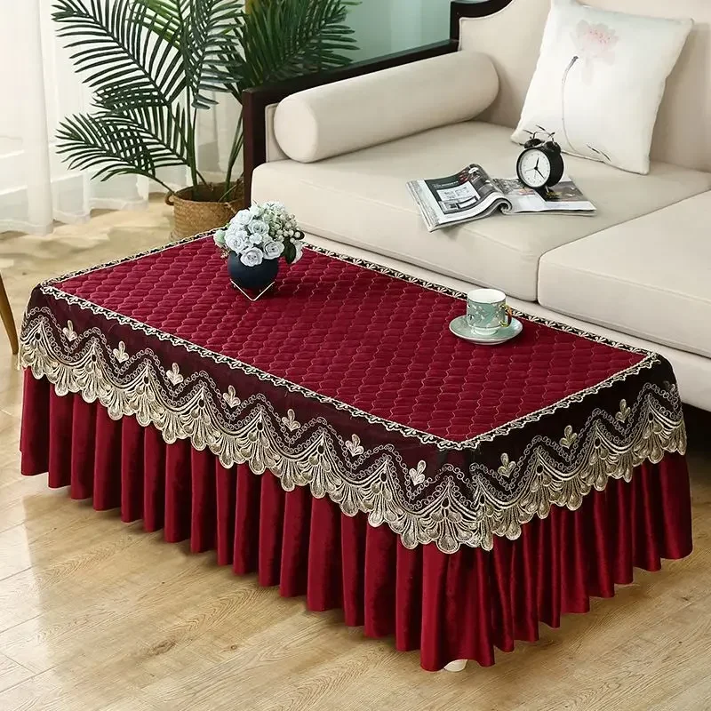 

Thickened Anti Slip Velvet Tabletop Cover Embroidered Lace Edge Pleated Hem Tablecloth Tea Table Home Rectangular Dust Cover