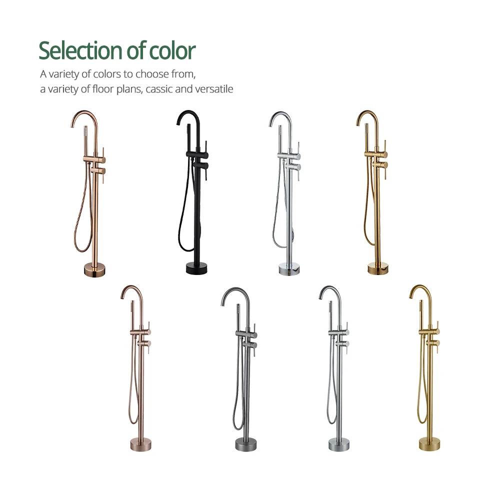 Gunmetal Freestanding Bathtub Faucet Set Floor Mounted Mixer Hot & Cold Shower System 2 Modes Handheld Shower &Round Spout 4