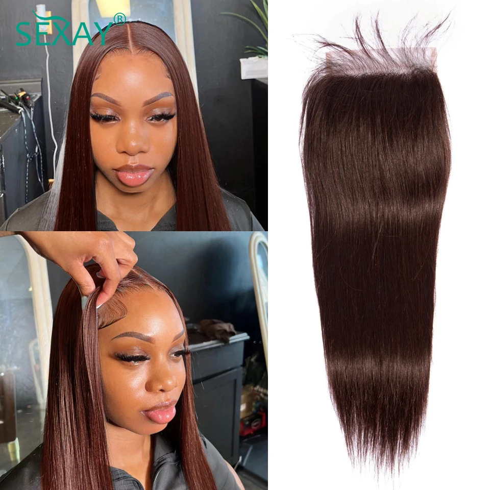 Chocolate Brown Lace Closure Free Part 100% Sexay Silky Straight Pre Colored Human Hair Swiss Lace 4x4 Transparent Closures
