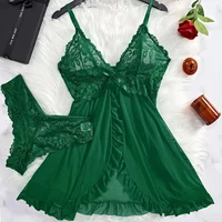 Ensemble de 2 chemises de nuit en dentelle pour femmes, vêtements de maison exquis, nouveaux pyjamas verts pour la nuit, robe de nuit transparente à fente, ensembles soutien-gorge et culotte à col en V 1