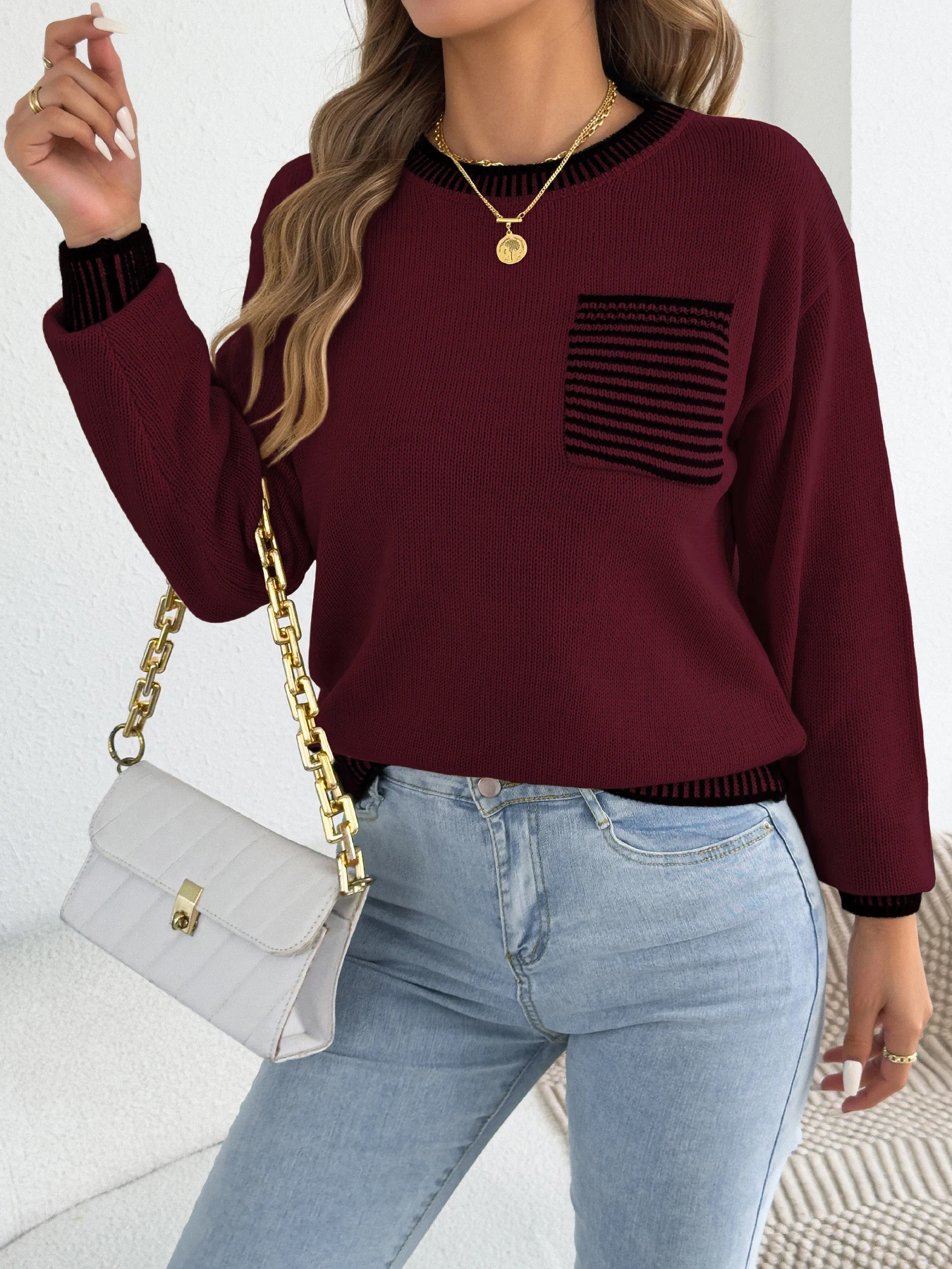 Women Casual Color Block Striped Sweaters