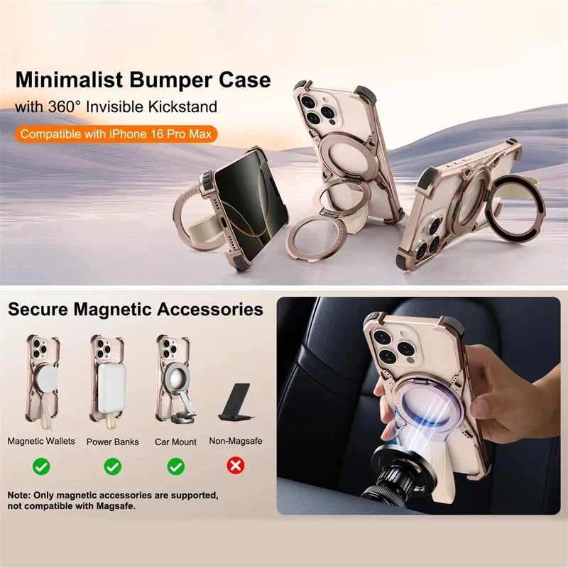 Luxury Metal Frame Magsafe Phone Case For iPhone 16Pro 16ProMax 360° Magnetic Bracket Aluminum Alloy Frameless Shockproof Cover 5