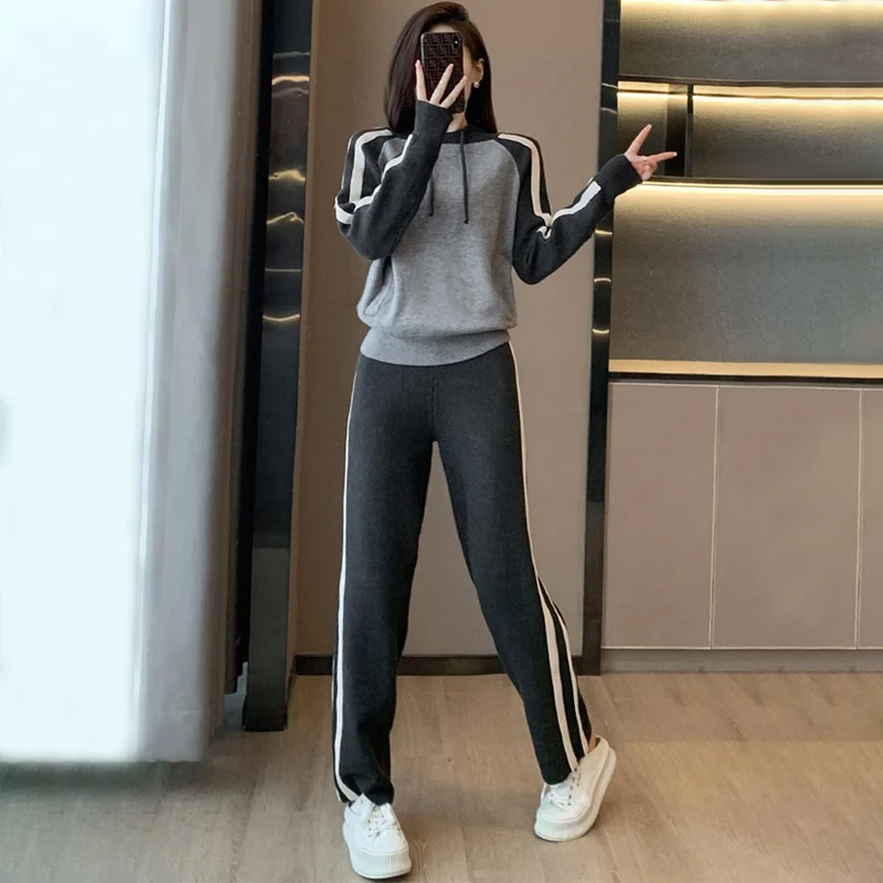 

Autumn New 2023 Fashion 2 Piece Sets Women Outfit Chic Hooded Sweatshirts Pullovers and Wide Leg Pants Sets Knit Two Piece Set