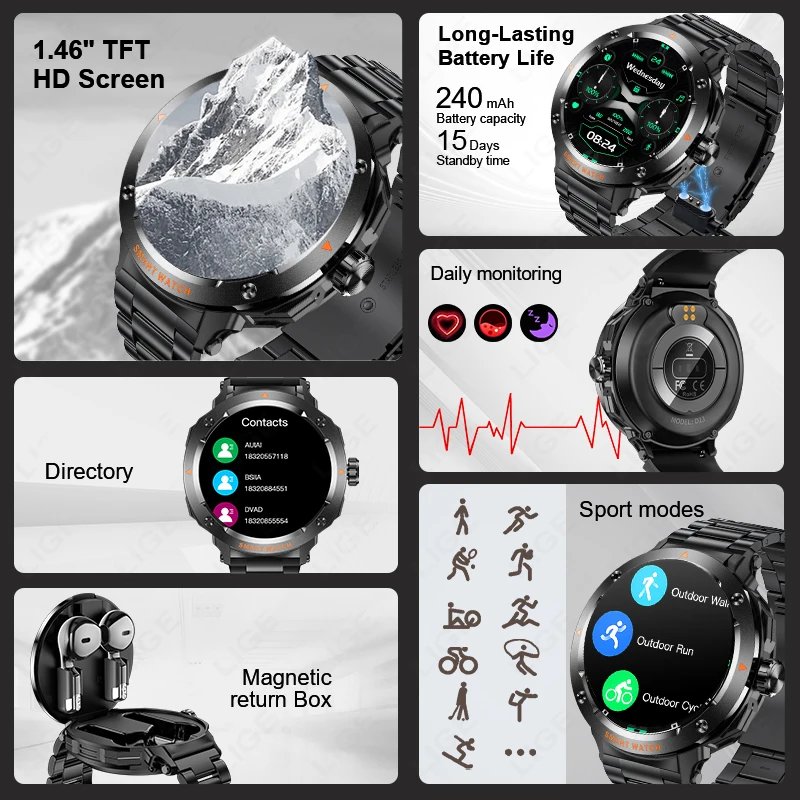 LIGE New 2 In 1 Smart Watch with Headphones Full Touch Screen TWS Bluetooth Earphones NFC Heart Rate Health Monitor Smartwatches