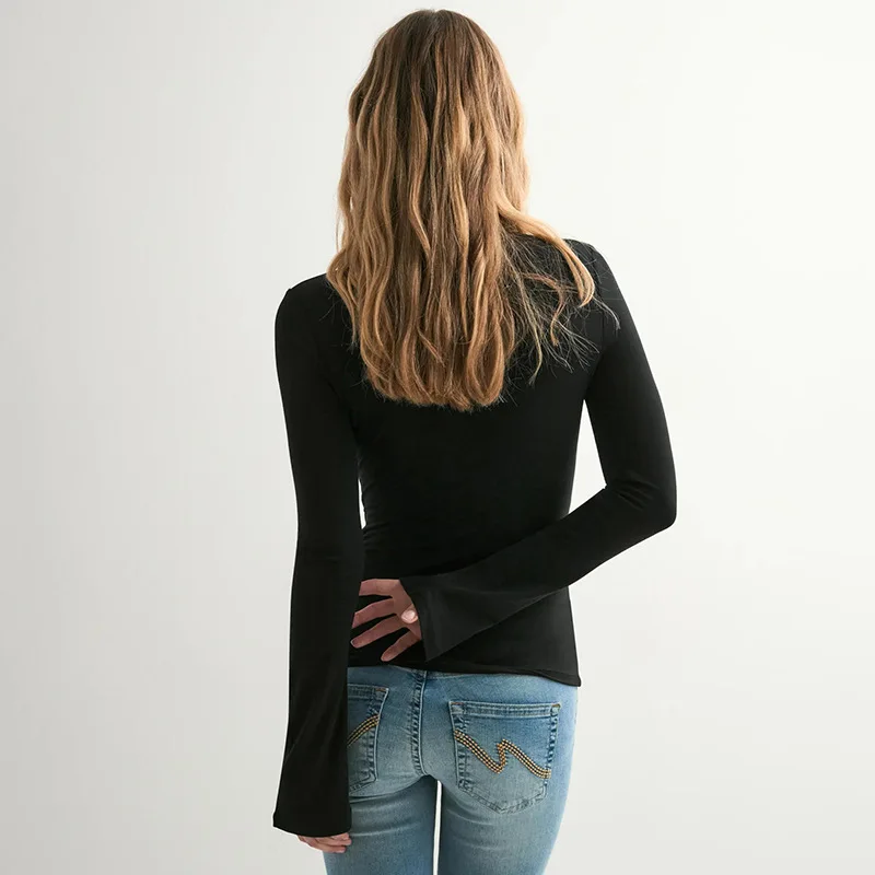 Spring and Autumn New Fashion 2026 Women's O Neck Long Sleeve T-Shirt Elegant Flared Sleeve Cinched Waist Lace-up Pullover Top