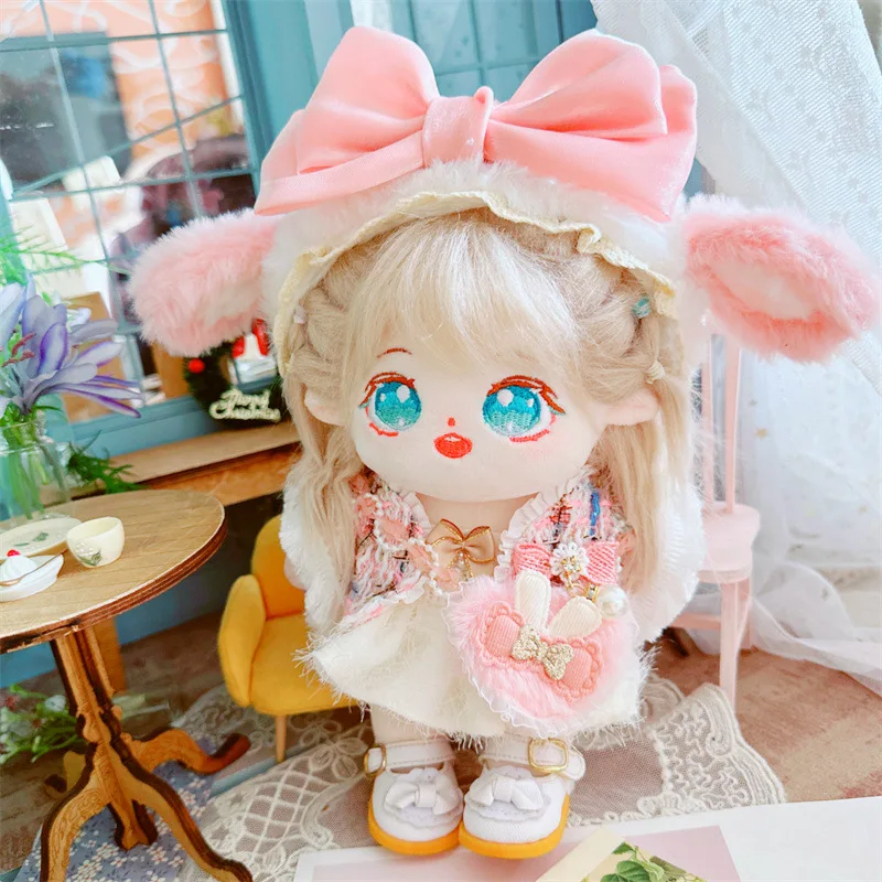 

20cm Kawaii Pink Bow Bunny Ear White Skirt Miss Doll Anime Plush Star Dolls Stuffed Customization Figure Toys with Dress Dolls