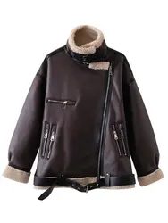 2023 Winter Women Black Long Thick Warm Faux Leather Coats Shearling Sheepskin Motorcycle Biker Parkas Fleece Female Snow Jacket