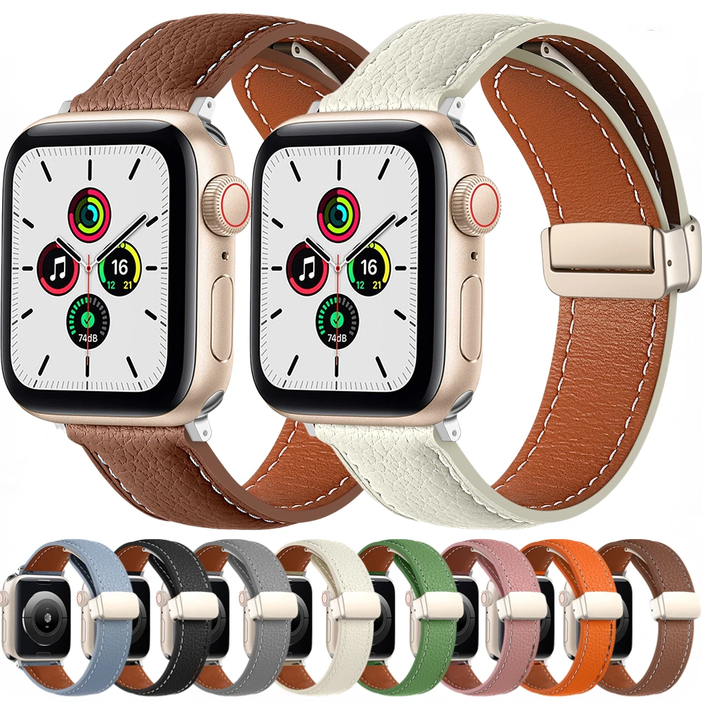 

Leather Magnetic Buckle Strap for Apple Watch 49mm 45mm 41mm 40mm 44mm 42mm 38mm Bracelet for iWatch Series Ultra 8765432SE Belt