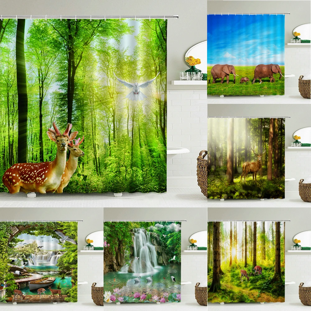 

3D Natural Landscape Forest Printed Bathroom Shower Curtain Polyester Waterproof Bath Curtain with Hook Home Decor Curtain