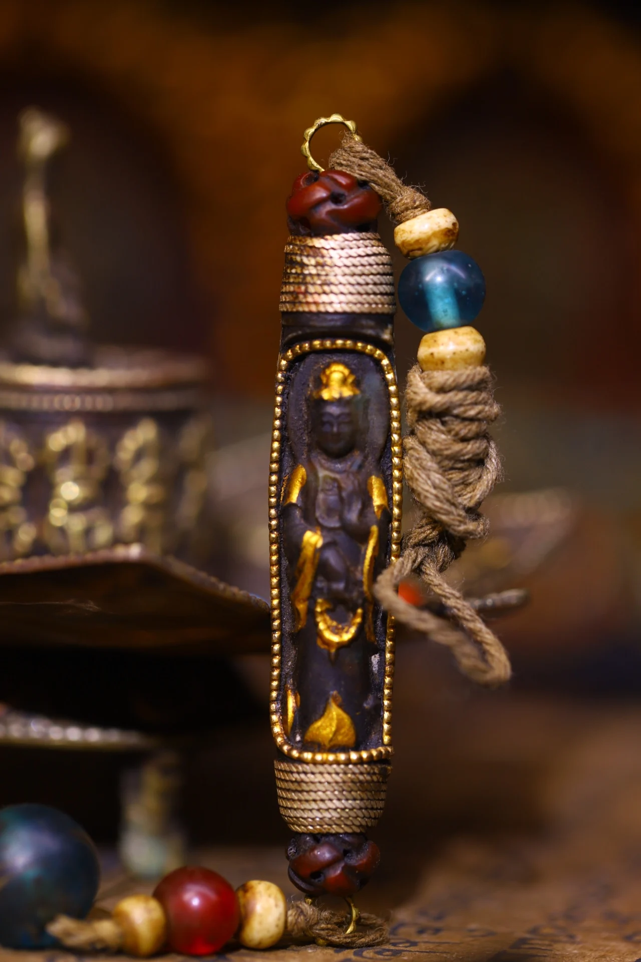 

3"Tibetan Temple Collection Old Natural Agate Mosaic Gem gZi Beads Guanyin Bodhisattva Buddha Pendant Amulet Dharma