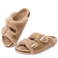 Crestar Women Fuzzy Slippers with Cork Footbed Fluffy Slide Sandals Open Toe Indoor House Shoes Arch Support Adjustable Slippers 1