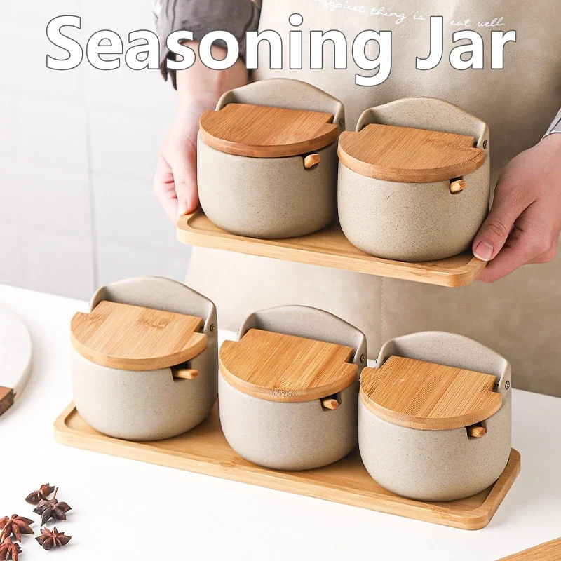 2/3PCS Seasoning Jar Ceramic Multi-function with Spoon Bamboo Lid Wooden Tray Sugar Salt Paper Jar for Household Storage Box