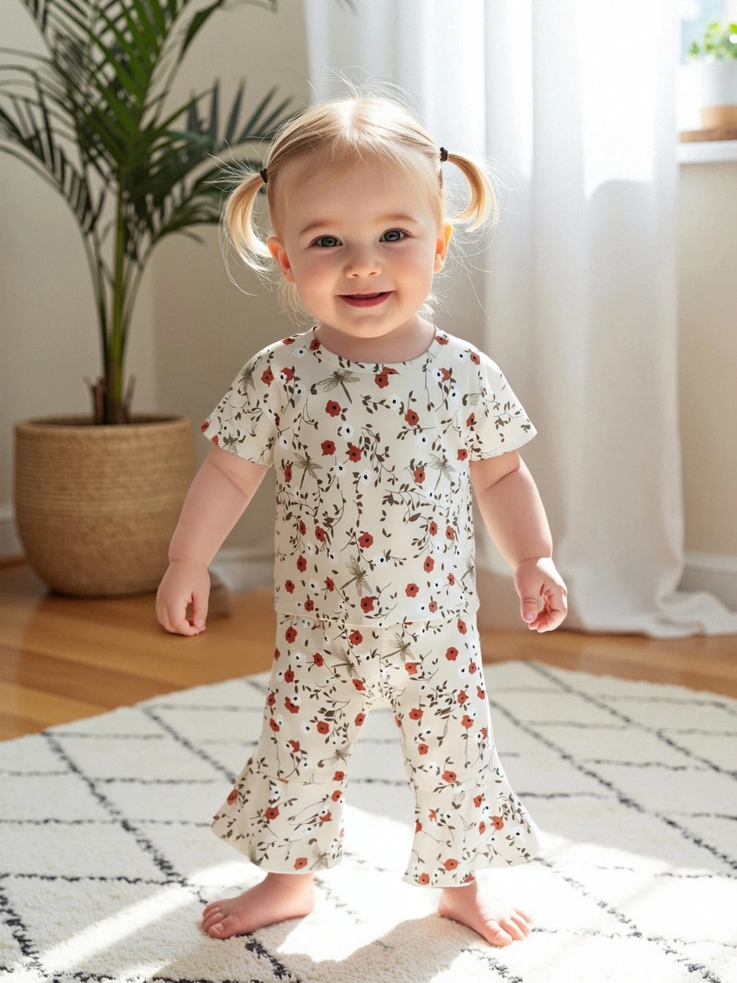 Girls Summer Outfits Adorable Floral Print Short-Sleeve Top and Elastic Flare Pants Set for a Stylish Look Perfect 2-Piece 5