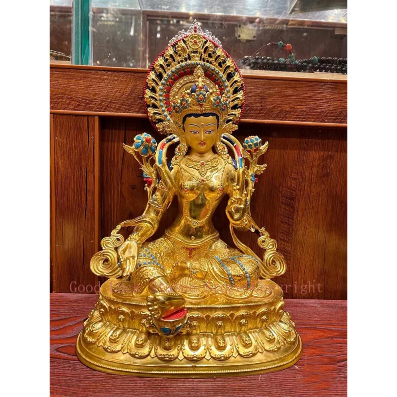 

36cm large 5A GOOD Buddhism gilding copper Buddha statue HOME worship family protection Nepal Green Tara Guanyin Buddha
