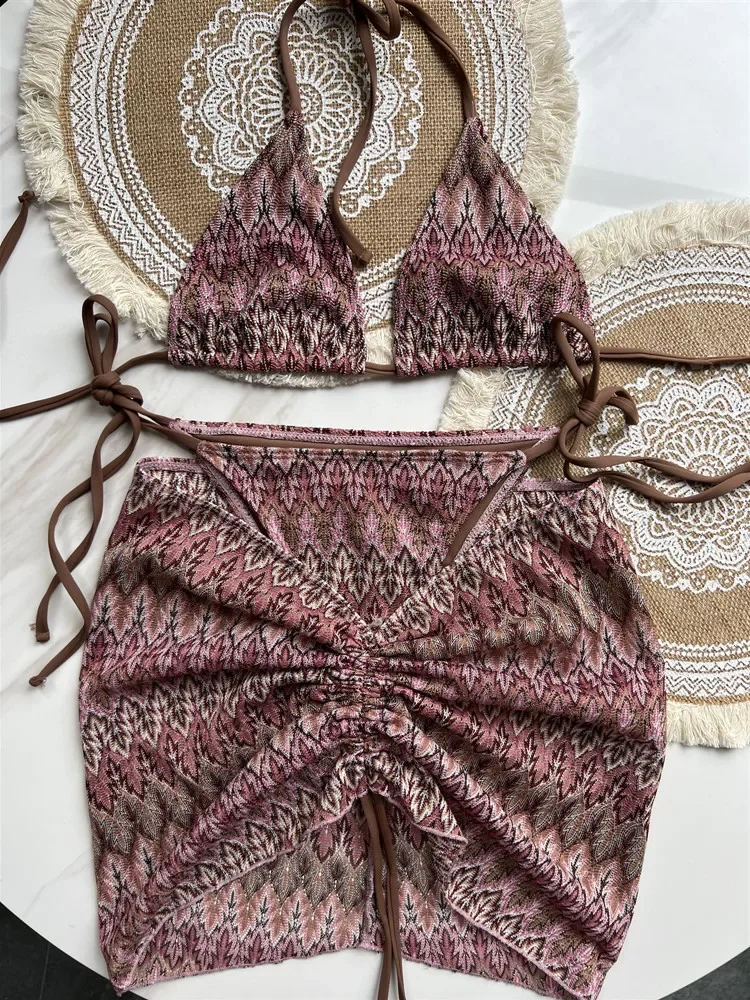 2024 Women Swimsuit Colored Maple Leaves Knitted Bikini Skirt Three-Piece Set Split Swimsuit Bikini Swimwear Women Micro Bikini