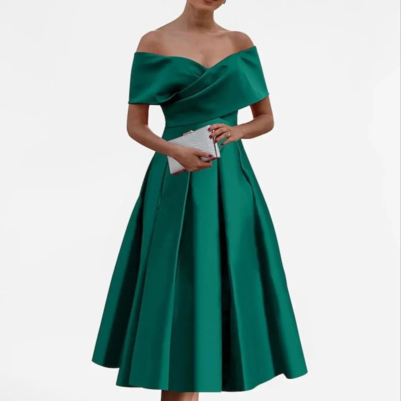 

A-Line Cocktail Dresses Elegant Dress Wedding Guest Tea Length Short Sleeve Off Shoulder Satin