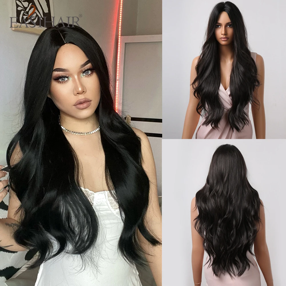 Easihair Dark Brown Black Synthetic Wigs Middle Part Long Wavy Wigs For  Black Women Daily Cosplay Heat Resistant Natural Hair - Synthetic Wigs(for  Black) - AliExpress