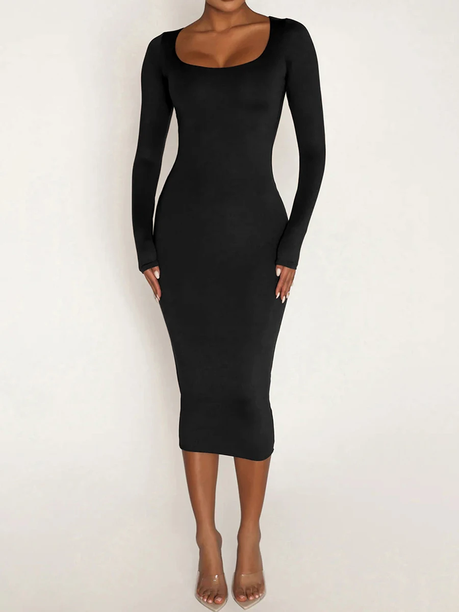 

Women Casual Bodycon Dress Long Sleeve U Neck Solid Color Slim Fit Midi Dresses for Female Daily Life Spring Autumn Clothes