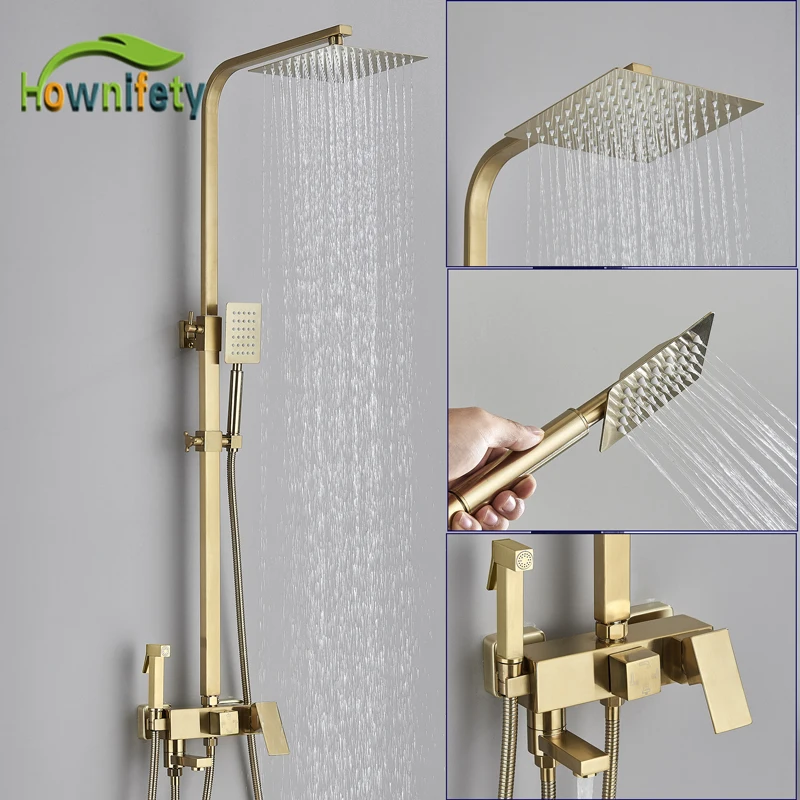 Golden Shower Faucet Set Rainfall 3/4-way Bathtub Tap With Bathroom Shelf Height Adjust Brass Mixer Crane Hot Cold Water Systems
