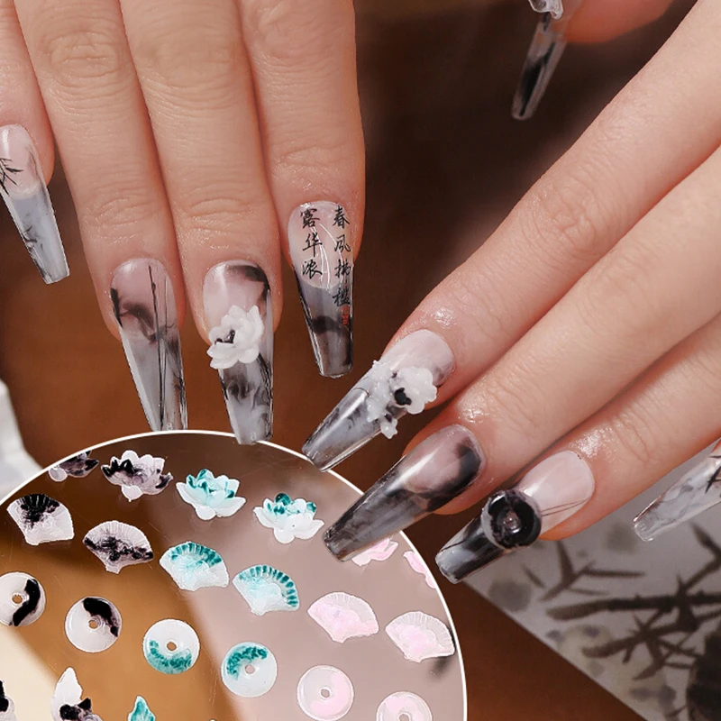 40/50Pcs Ancient Chinese Style Nail Charms Painting Style Vignet Gradient Effect DIY Nail Art Accessories 3D Decoration Manicure 4