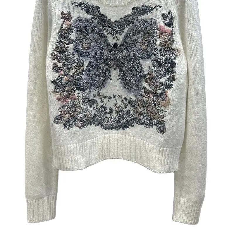 

24Early Spring New Cashmere Knitted Pullovers Women's Round Neck Butterfly Embroidery Slim Sweaters Fashion 2 Colors Clothing