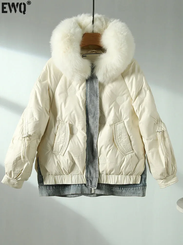

[EWQ] Large Furry Collar Denim Patchwork Pocket Casual Warm Down Cotton Padded Jacket Women's Clothes 2024 Spring Winter U7019