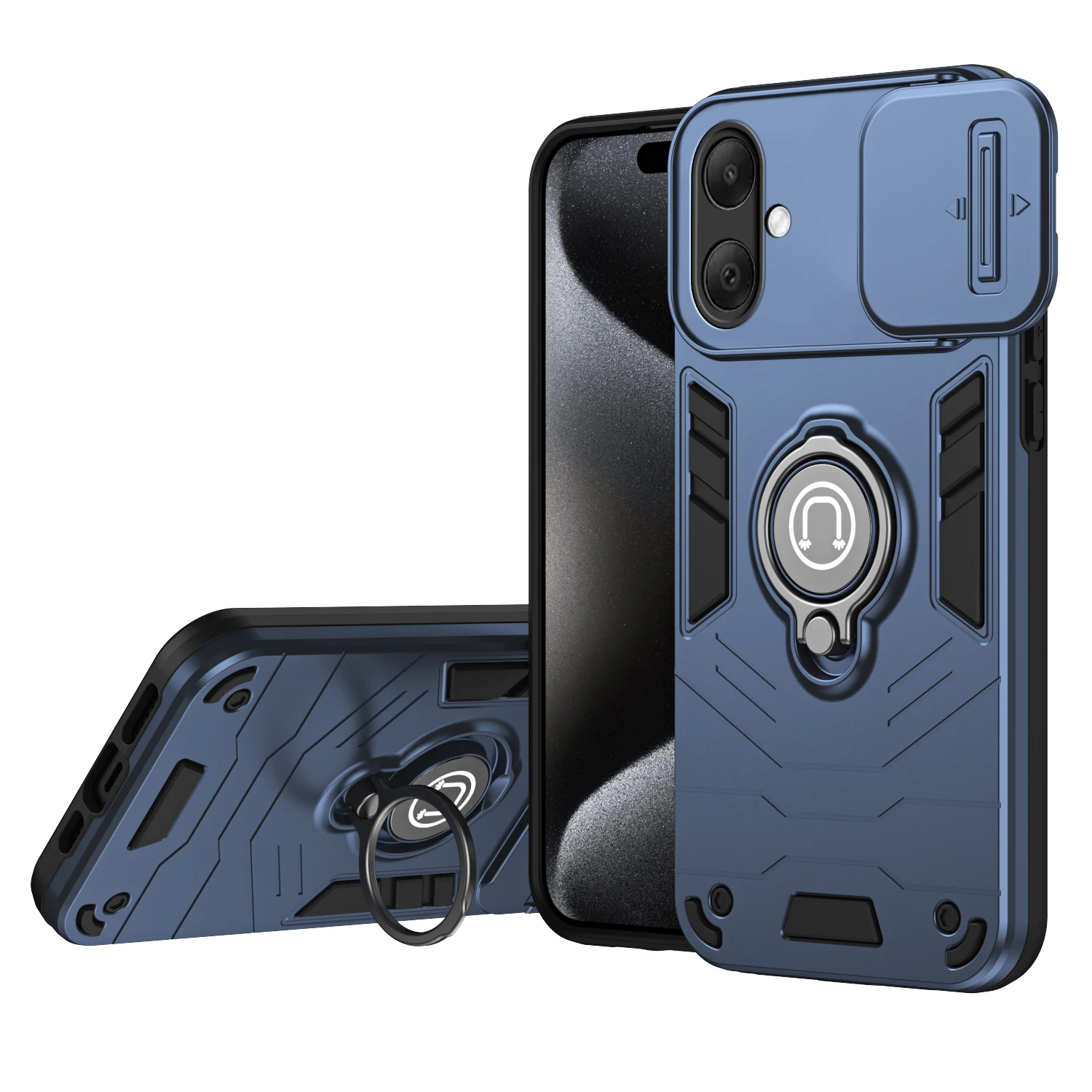 Rugged Armor Shockproof Phone Case with Sliding Window and Metal Ring Holder