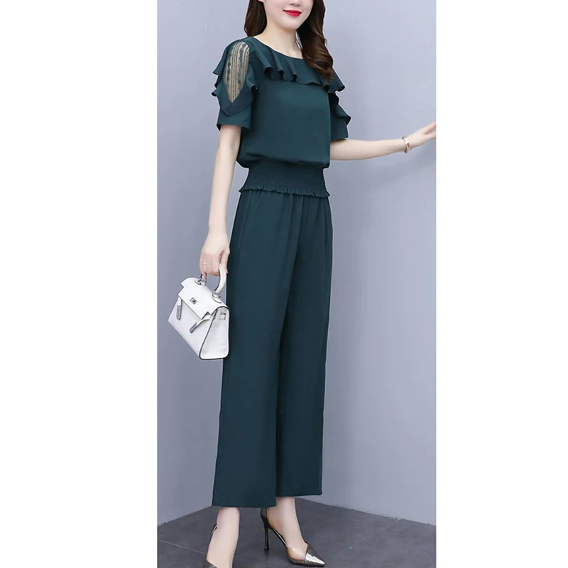 Summer Fashion Women's 5XL Elegant Lace Patchwork Ruffles Short Sleeve Waist Shirt Elastic High Waist Wide Leg Casual Pants Set