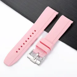 Premium Curved End Silicone Watch Strap with Gold Stainless Steel Buckle - Black Buckle (Pink)