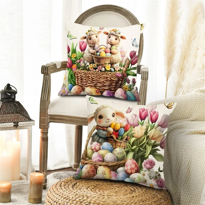 Hlonon Set Di 4 Federe Per Cuscini Pasquali 45x45 Cm – Coniglietti, Uova E Scritta 'Felice Pasqua' In Cotone - 6