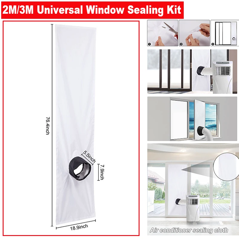 Polyester 2M/3-M Universal Window Seal for Portable Air Conditioner and Tumble Dryer with Adjustable Coupler with Tension Rope Waterproof Windproof Niktule AC Window Sealing Cloth Kit 