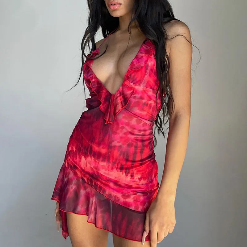 New Halter Neck Printed Dress For Women Hollow Backless Sexy Irregular Female Chiffon Folds Fungus Mini Dress Fashion 2025 21 New Halter Neck Printed Dress For Women Hollow Backless Sexy Irregular Female Chiffon Folds Fungus Mini Dress Fashion 2025
