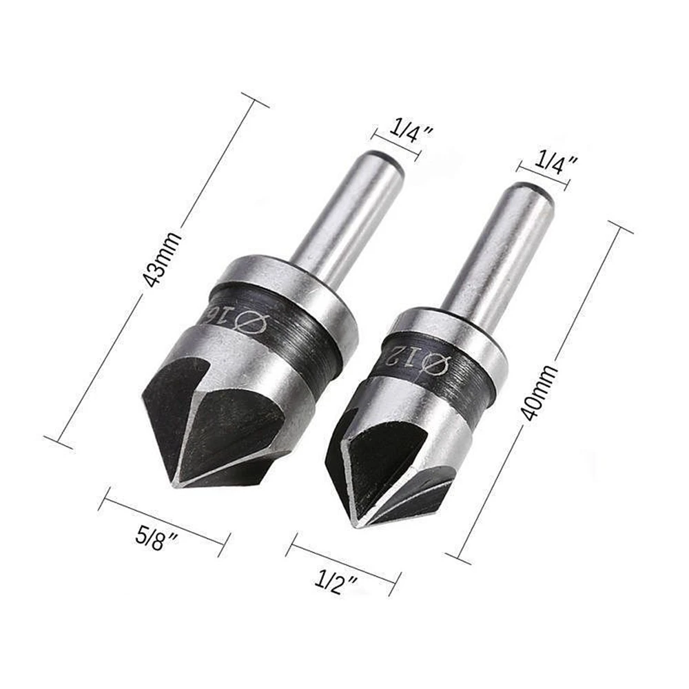 2pcs HSS 5 Flute Countersink Drill Bit 82Degree Point Angle Chamfer Chamfering 1/4