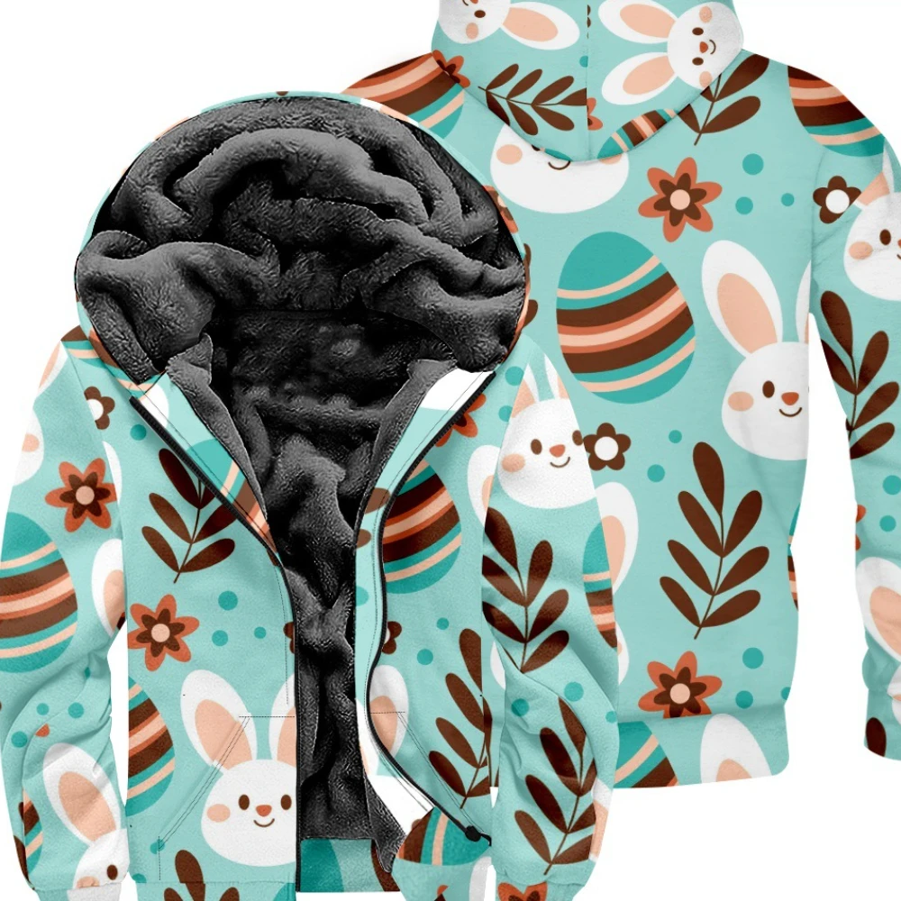 Zipper Hoodies Cardigans Easter Eggs Pattern Printed Thick Kawaii Outdoor Home Wear Fleece Casual Streetwear Men Women Clothing