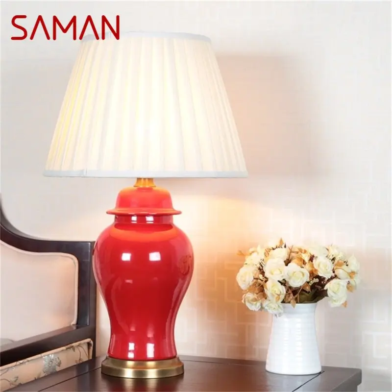 

SAMAN Ceramic Table Light Brass Red Contemporary Luxury Desk Lamp LED For Home Bedside Bedroom