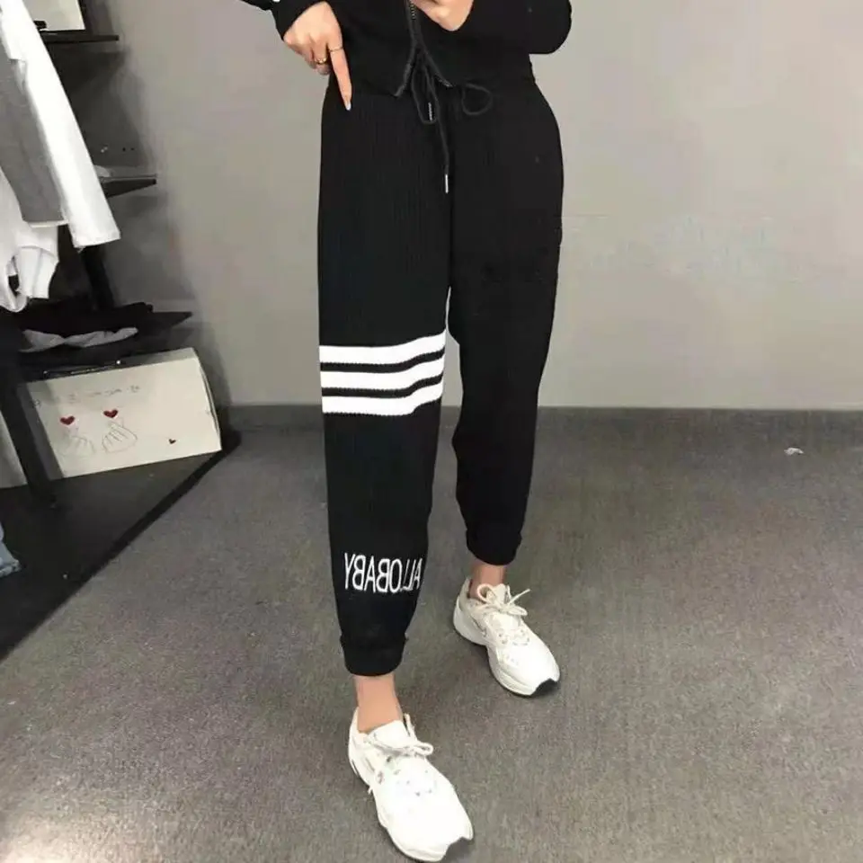 

Limiguyue Letter Ice Knitted Pants for Women Streetwear Autumn Spring Harem Trousers Elastic Waist All Match Sport Clothes U836