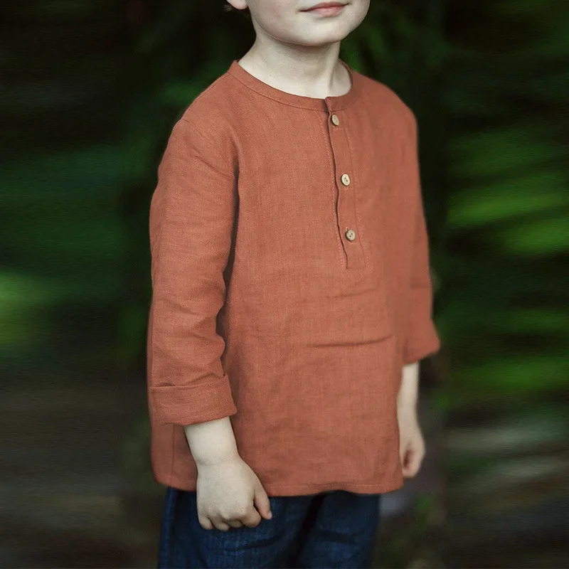 Autumn New Cotton and Linen Children Clothing Wooden Single Breasted Long Sleeved Shirt Cute Boys and Girls Baby Shirt