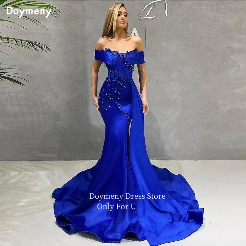 

Doymeny Off Shoulder Satin Mermaid Evening Dresses Decal Beaded Sweep Train Arab Dubai Prom Dresses فساتين الحفلات